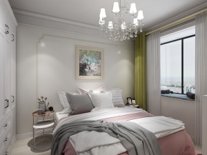 卧室造型简洁，整体以白色为主调，墙面喝顶面饰以石膏线条，流畅雅致