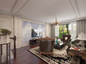 客厅地面选用稳重的胡桃色木地板，相比地砖的通铺更富有温暖的气息。墙面采用天然大理石护墙，简约的造型中