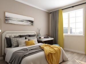 卧室粉刷浅咖色乳胶漆，使空间更加具有色彩感，更具有个性和时尚的气息，飘窗加设书架，增加收纳。空间运用