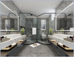 卫生间采用灰色背景墙，搭配白色桌台和储物柜，配备两个独立的空间用于生活使用。通透的同时也保证了功能的