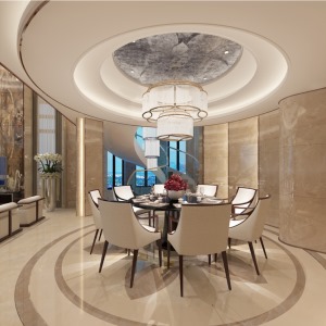 餐厅顶部采用大圆环设计，和底部互相搭配，使用亮度明显的瓷砖、桌椅、灯具，提高视觉冲击度和观赏感。