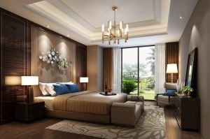 二层主卧色彩使用偏多一点，并增加蓝色抱枕、背景墙装饰、绘画等提高卧室整体色彩饱满度，多灯具的使用提高