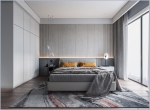 卧室以简洁舒适为主，素色的窗帘与灰色多线条的墙面搭配，加上两个橘黄色的靠枕，使其跳色非常成功，其他角