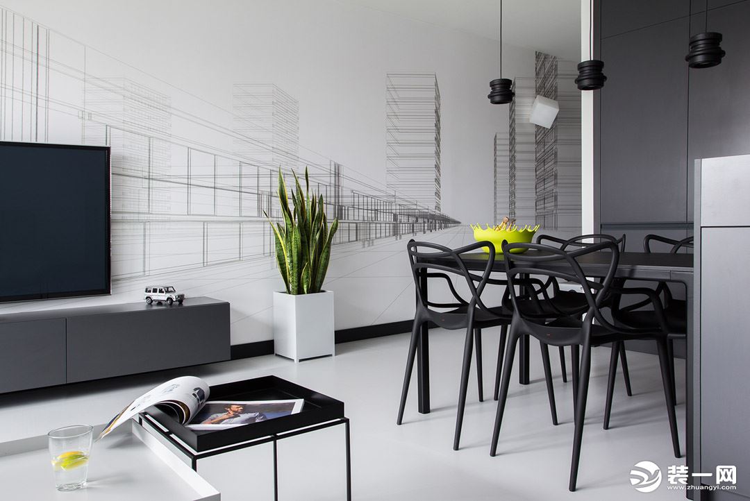 重庆乐尚装饰丨富洲新城110平米现代黑白灰风格客厅效果图