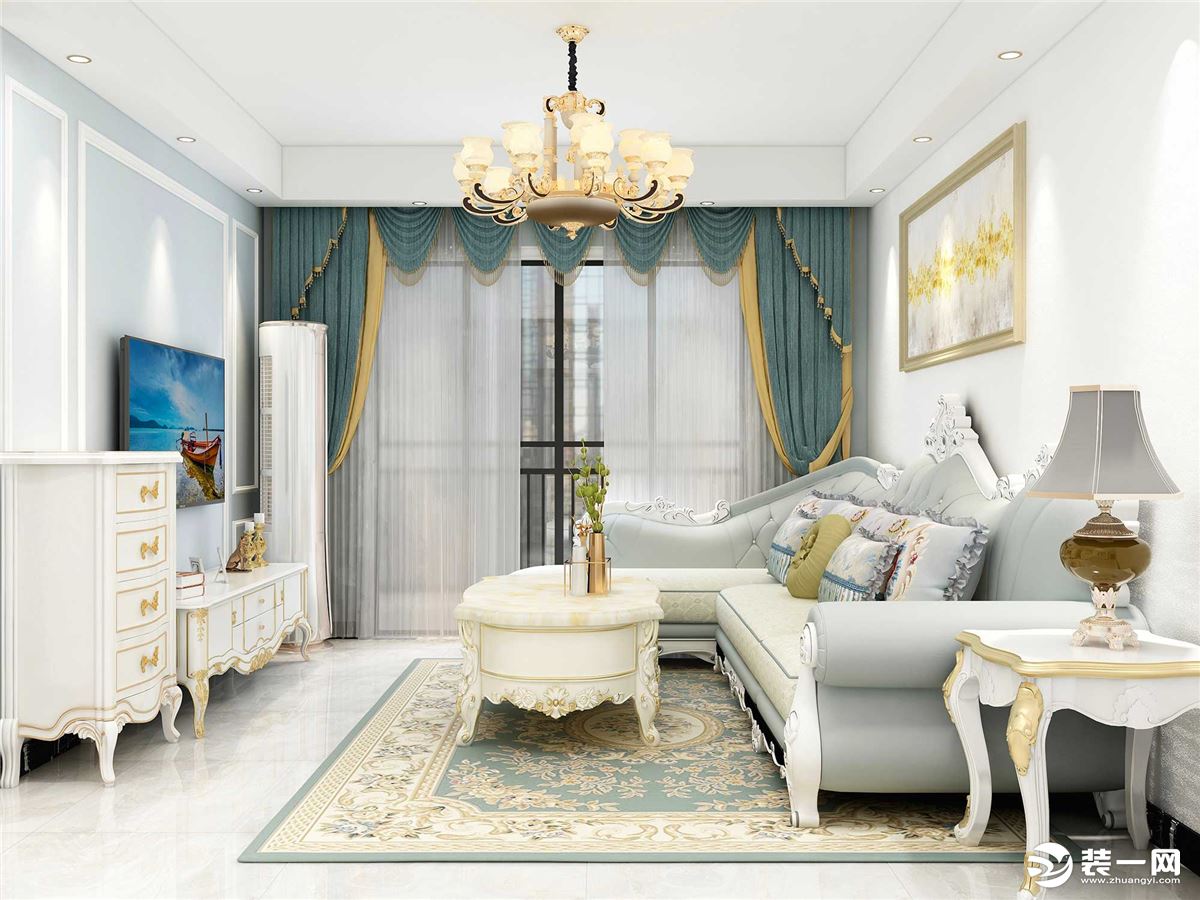客厅采用简欧风格，米白色的欧式沙发、精致的挂画、不规则曲型吊灯，无一不透出欧式风格的华贵。电视柜上精
