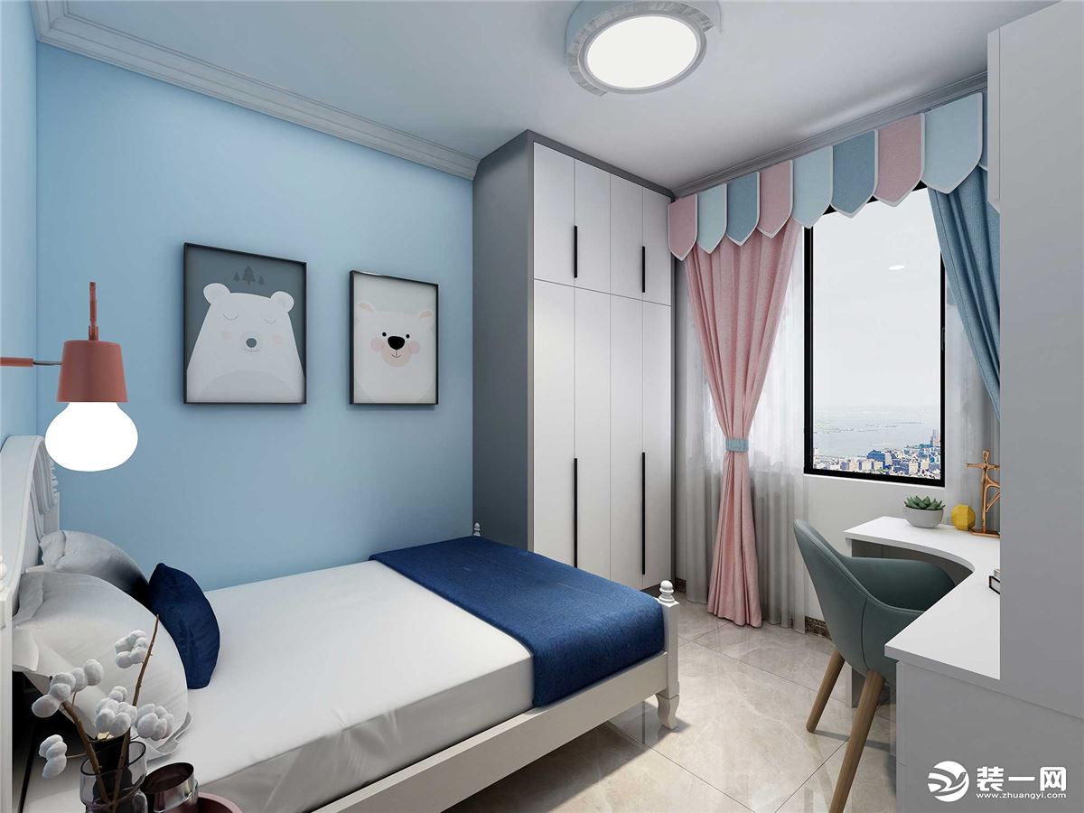 卧室运用简单的蓝粉搭配，整个空间柔和宁静。棱角分明的衣柜配以原木椅子，再融入精美的挂画装饰空间，给人