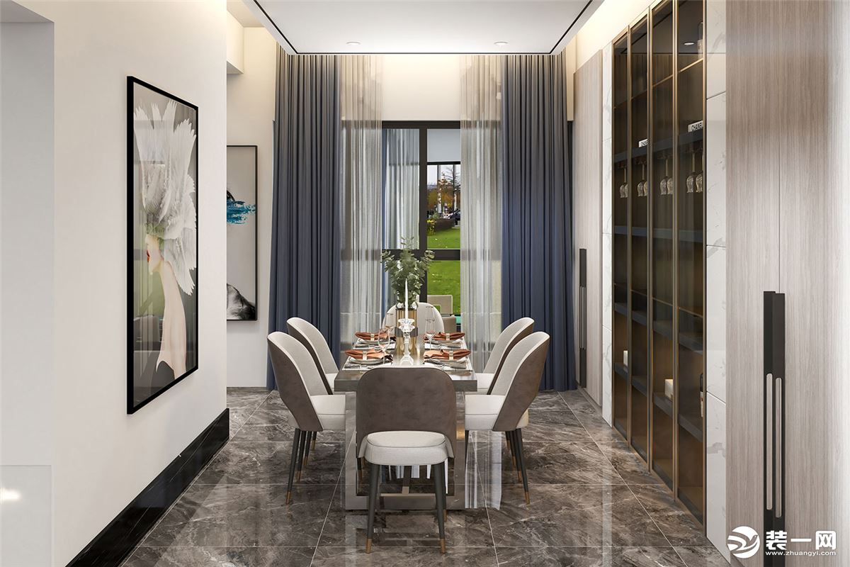 精致的大理石纹理地板砖，能够很好的将光线反射到空间四周，使得餐厅更加华丽、有格调。