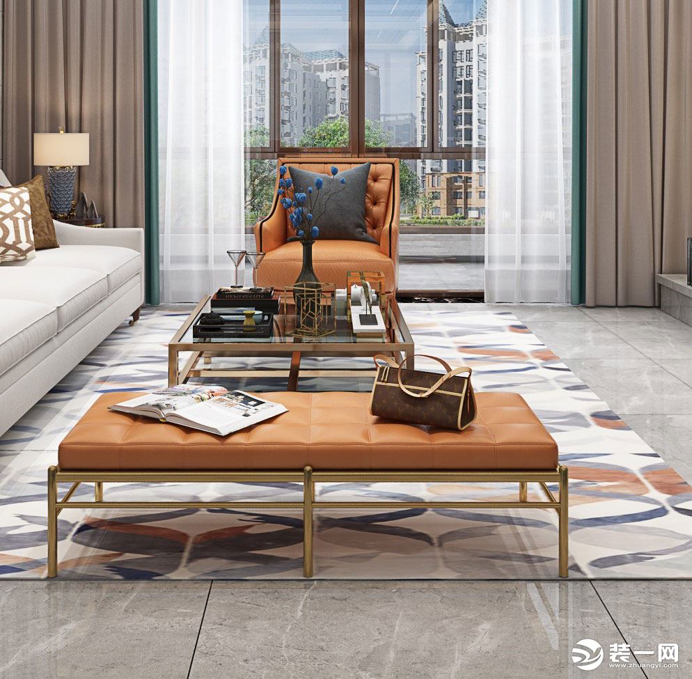 浅灰色的瓷砖搭配格子条纹地毯，增强空间延展性。