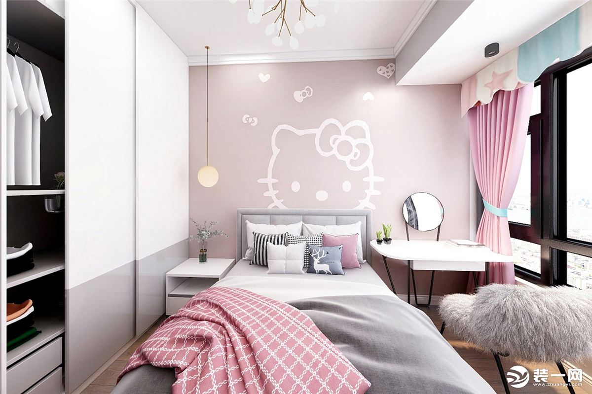 粉色系的床品与窗帘，给孩子提供一个温馨童真的居住环境。