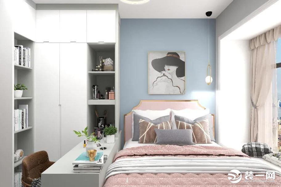 根据户主工作的生活习惯，把卧室和书房结合为一个整体，淡粉色的床和灰蓝色的墙让房间看起来温暖舒适，纱质