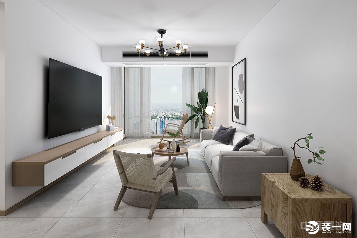 客厅布置简单整洁，沙发背景墙以简约现代画进行装饰，搭配上浅灰色的布艺沙发，整体简约又具有温馨感。