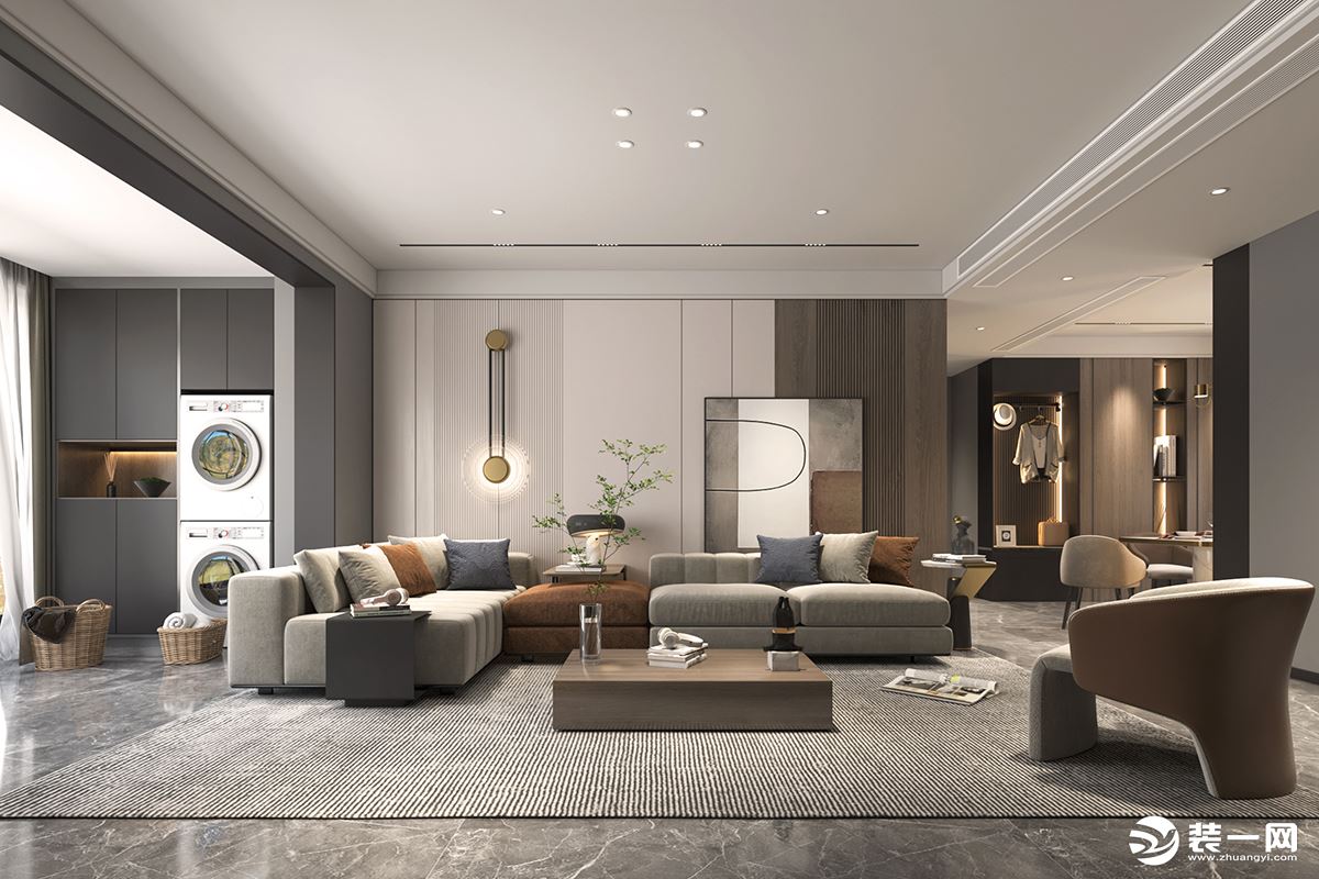 客厅整体以灰色为主，再融入暖色系软装加以装饰，增加了整体的柔和性，让居住环境舒适又有格调。