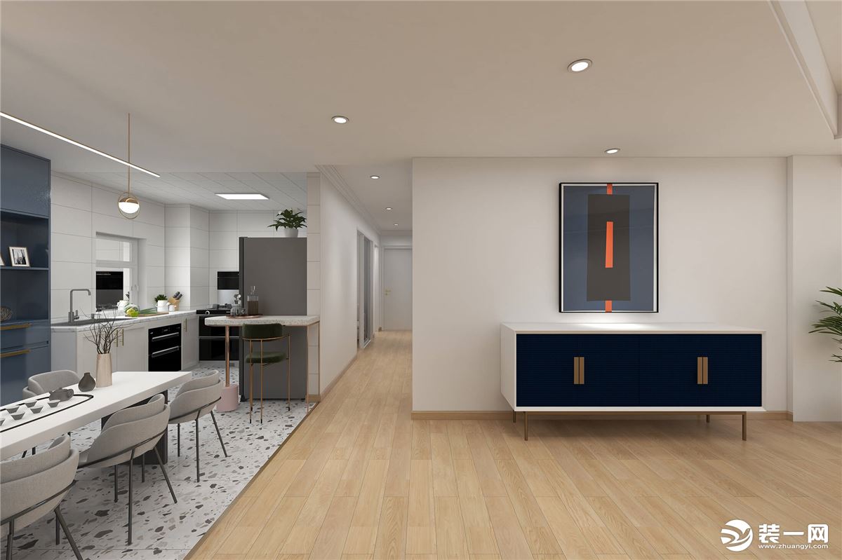 在走廊上，木质地板用于区分空间，墙顶的筒灯与客餐厅的吊灯照亮整个走廊。
