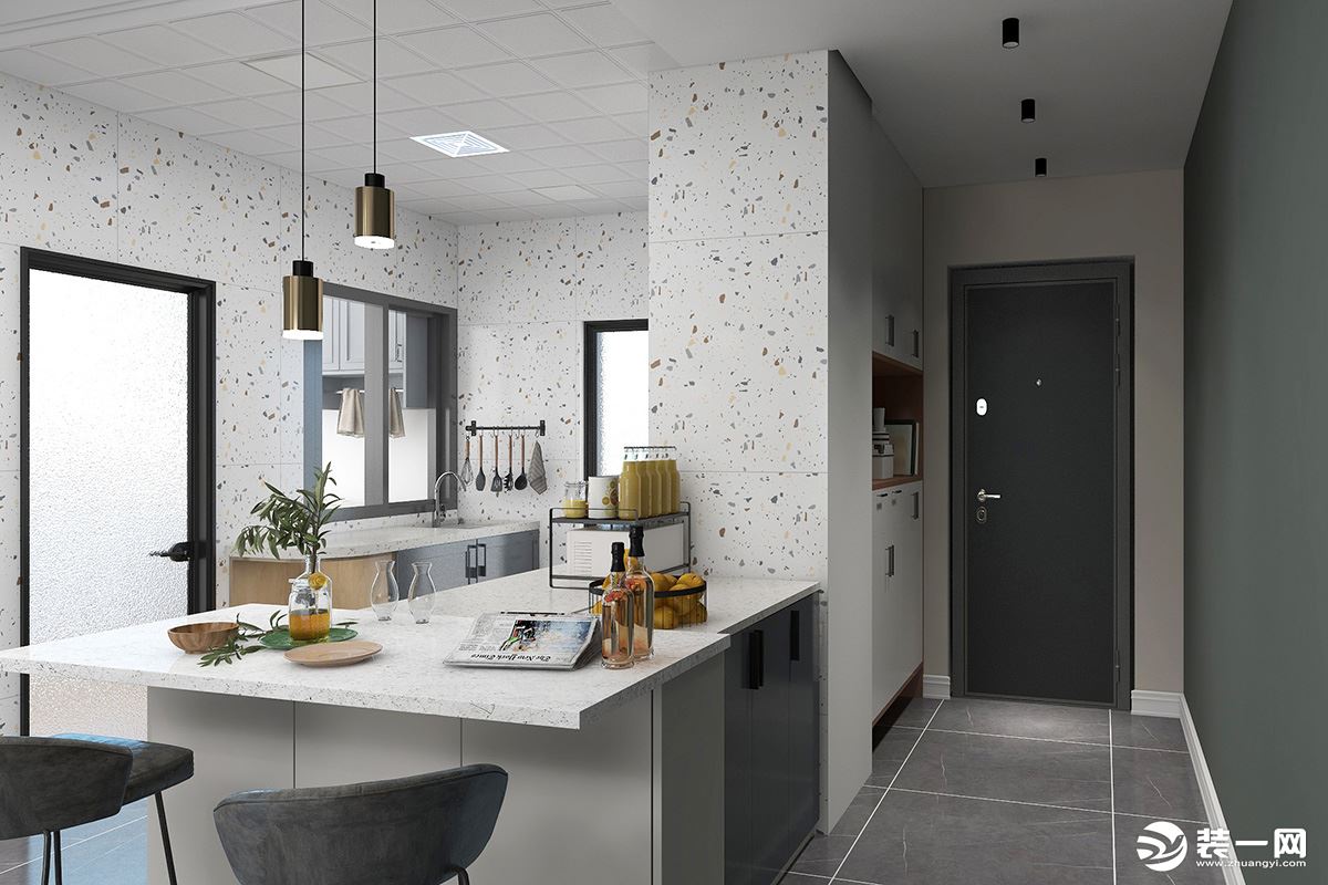 厨房采用大面积的花色瓷砖点缀墙面，让整个空间灵动起来。