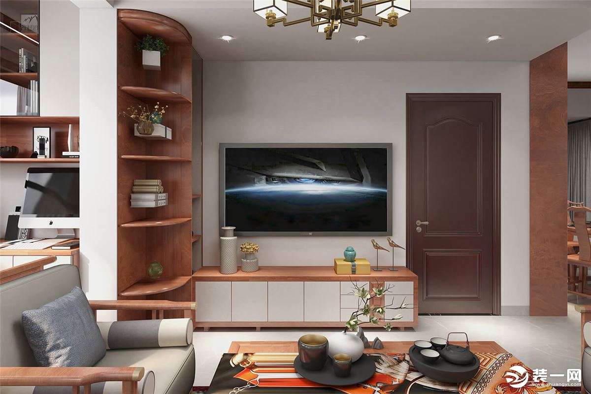 客厅以浅灰色为主色调，充分运用木质家具的质感，增添空间的华贵与韵味。