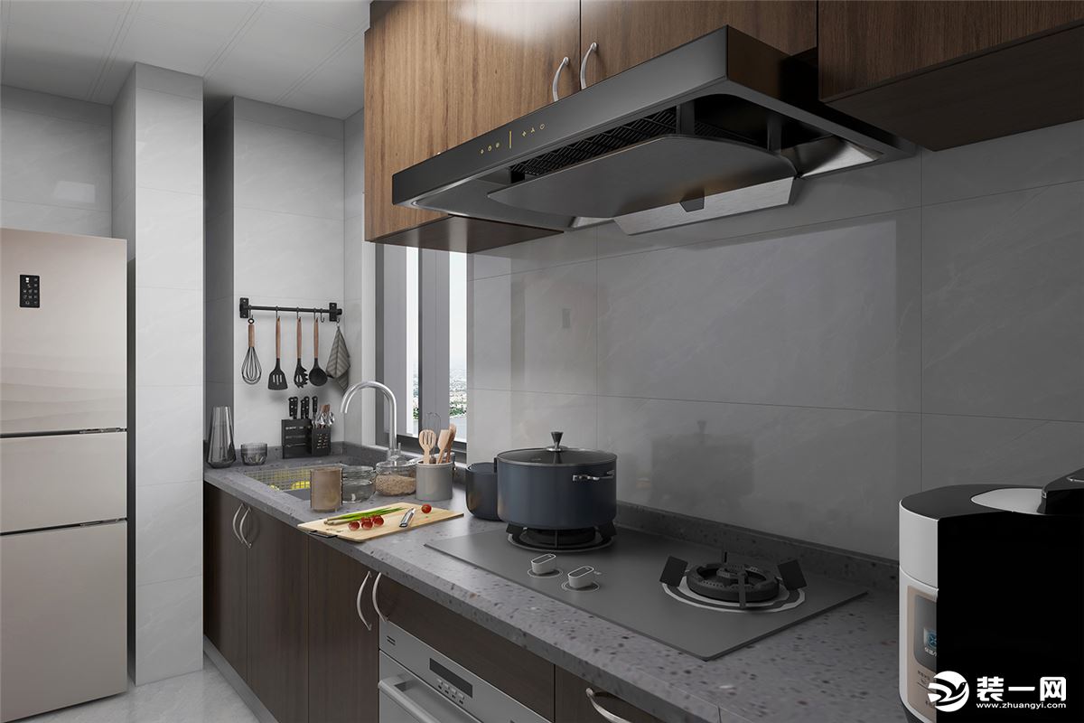 厨房更侧重于实用性与舒适感的打造，黑白纯净色调，用木色吊柜点缀空间，营造了些许摩登质感。