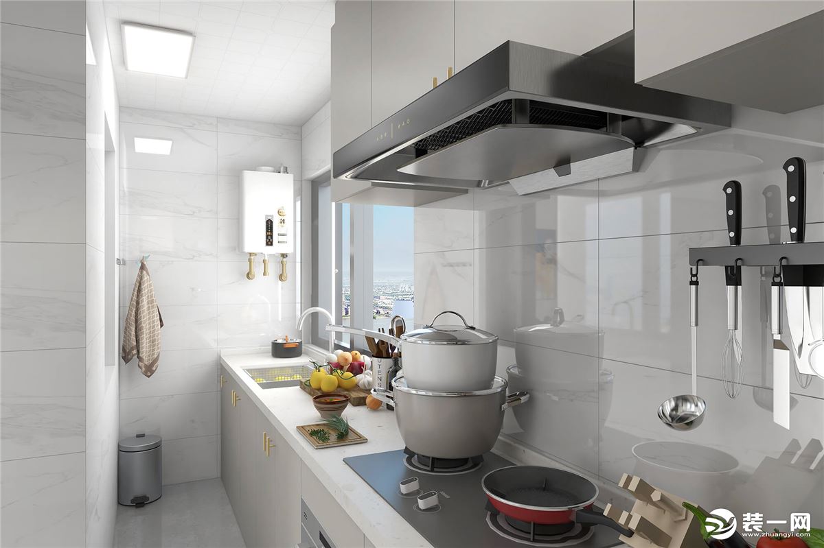 厨房水槽正对窗户，视野及采光最佳，内嵌式消毒柜，大大增加烹饪的美好体验。