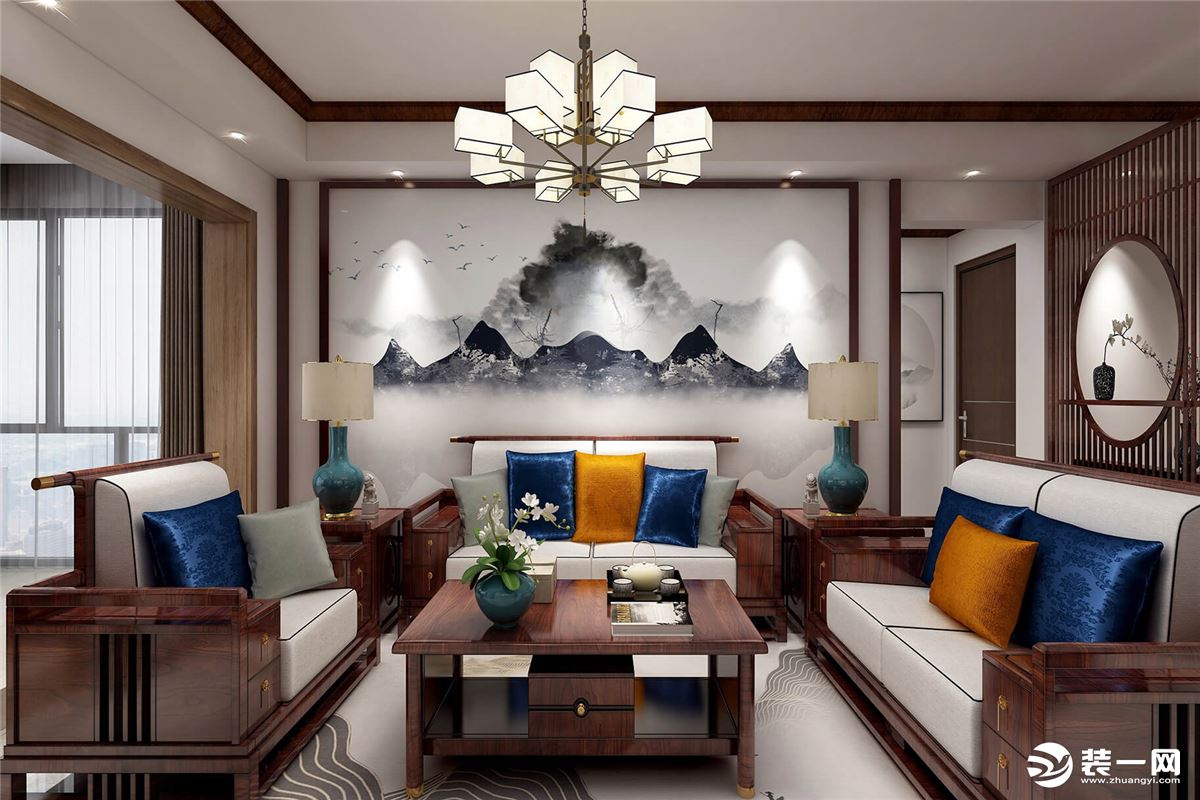 富有中式特色的客厅，饰以精巧的灯具和山水画的背景墙，使整个居室在浓浓古韵中渗透了几许现代气息。