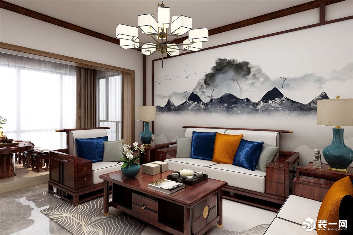 富有中式特色的茶几沙发，搭配深色的抱枕，使得空间简约大气。