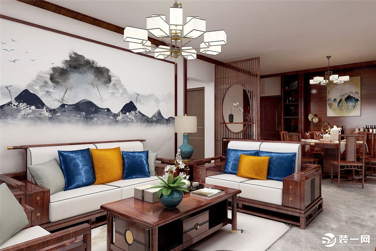 客厅整体色调协调统一，完美融合了庄重与优雅的双重气质。