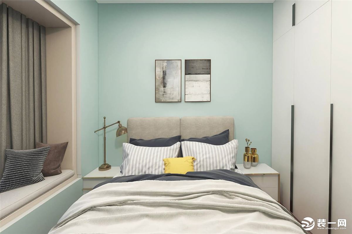 浅绿色的墙面颜色，搭配浅色调的床品，让居住者放下身心享受生活。