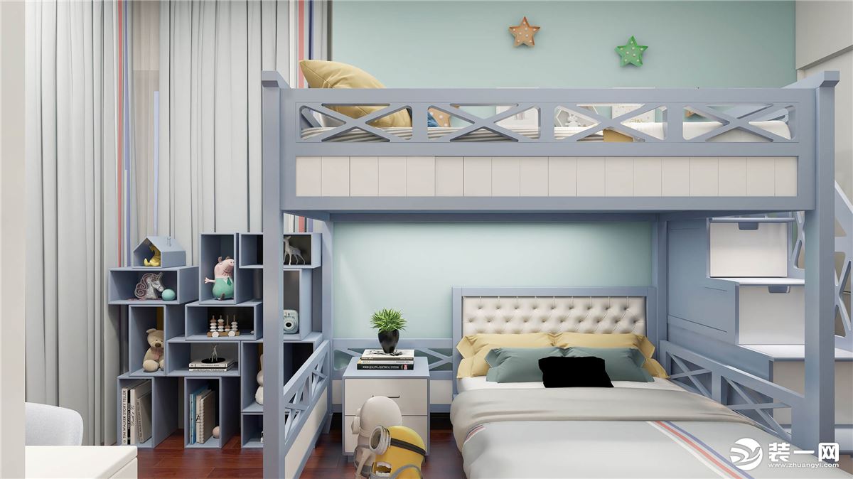 玩具收纳柜与床选用明亮的蓝色，搭配浅绿色的背景墙与彩色的床品，缤纷的色彩绘造出一个高雅不凡的空间。