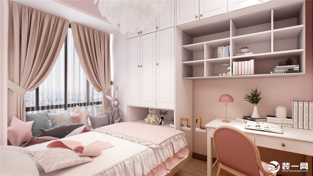 儿童房以白色为主，粉色系的点缀，打破空间的沉闷，营造静谧、舒适的睡眠氛围。