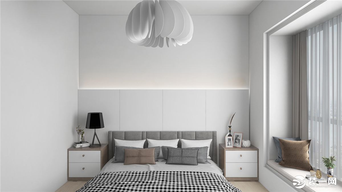 卧室空间简约又大方，以不同的色块打造空间层次感，简洁中又富含变化。