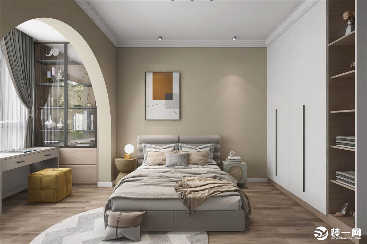 卧室以浅色系为主，橙色的点缀，铺叙出静谧的格调，散发安宁恬静的睡眠气息。
