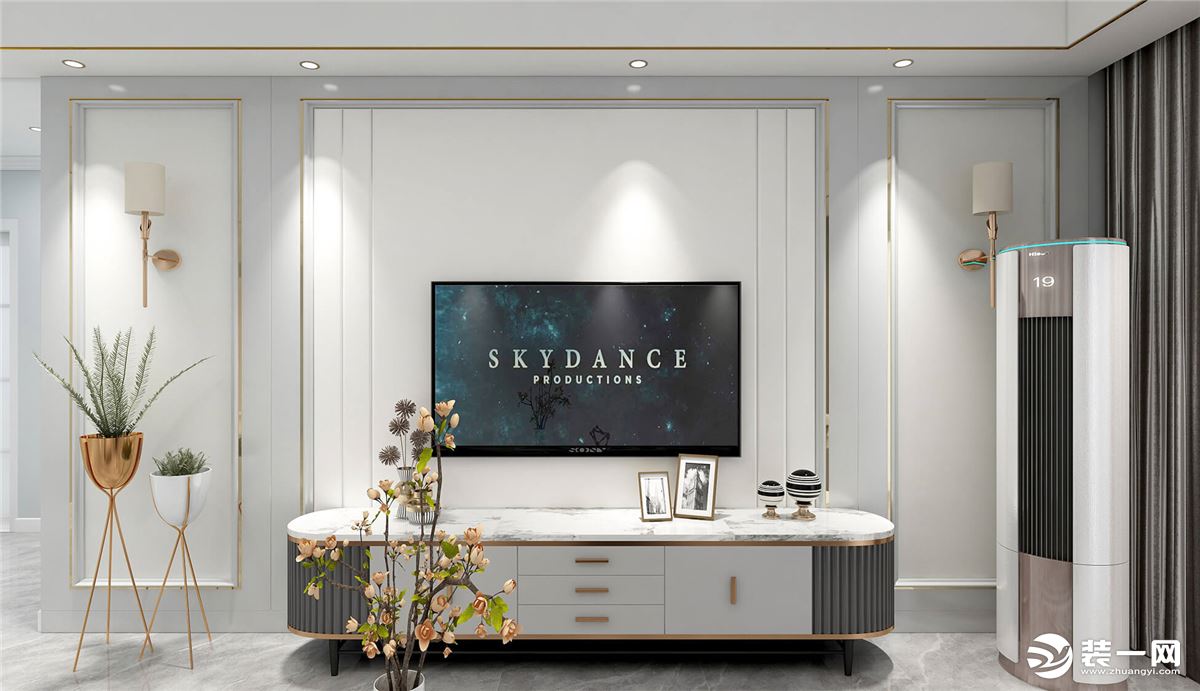 客厅整体以白色为主，富有现代轻奢感的电视柜，在金属边框的电视墙的点缀下，自然流露时尚舒适的气息。