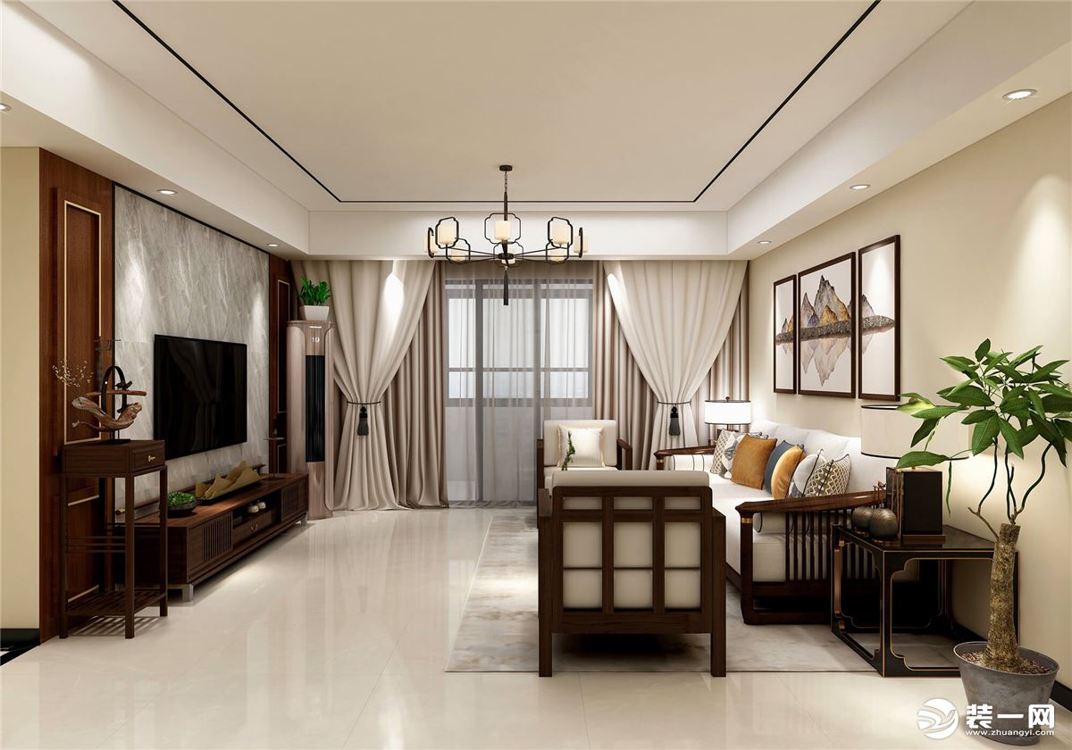 客廳整體色調以米白為主，中式家具與大理石紋理相映成輝，呈現溫潤靜美的情調。