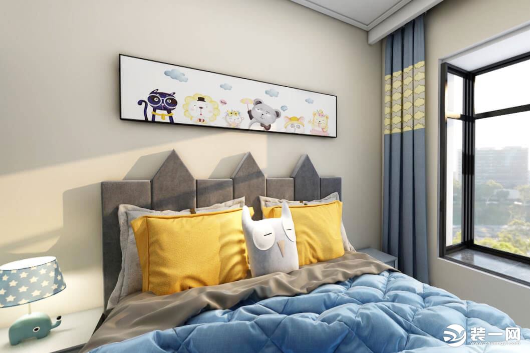 兒童房設計采用更加活潑的藍色與黃色來突顯活力，趣味性的一小塊壁畫，增加了不少童年樂趣。