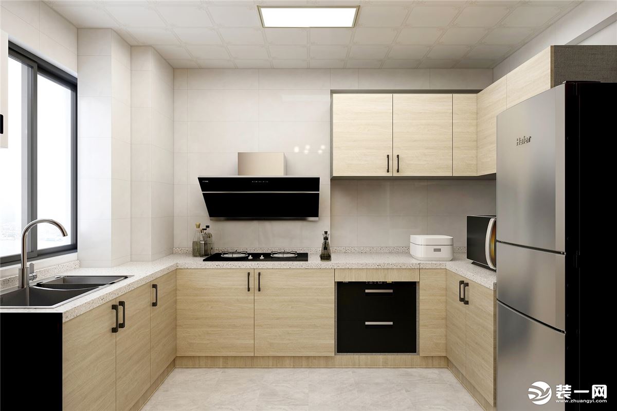 廚房采用灰白色調，干凈清爽，層次分明。櫥柜吊柜的設計，提高了空間利用率。