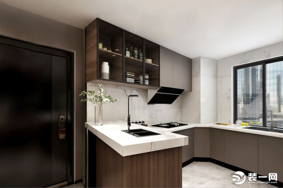  厨房选用U型布局，提高空间利用率，使得厨房区域更加规整、宽敞，下厨操作动线更自如。