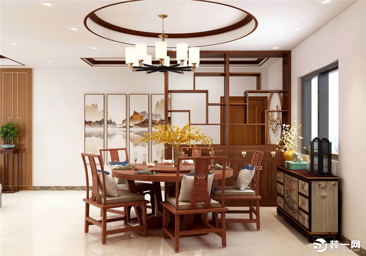 餐厅设计将古朴雅韵融入当代生活，中式圆、传统吊灯、木质餐桌、餐边柜等多种元素，勾勒出优雅而温馨的高级