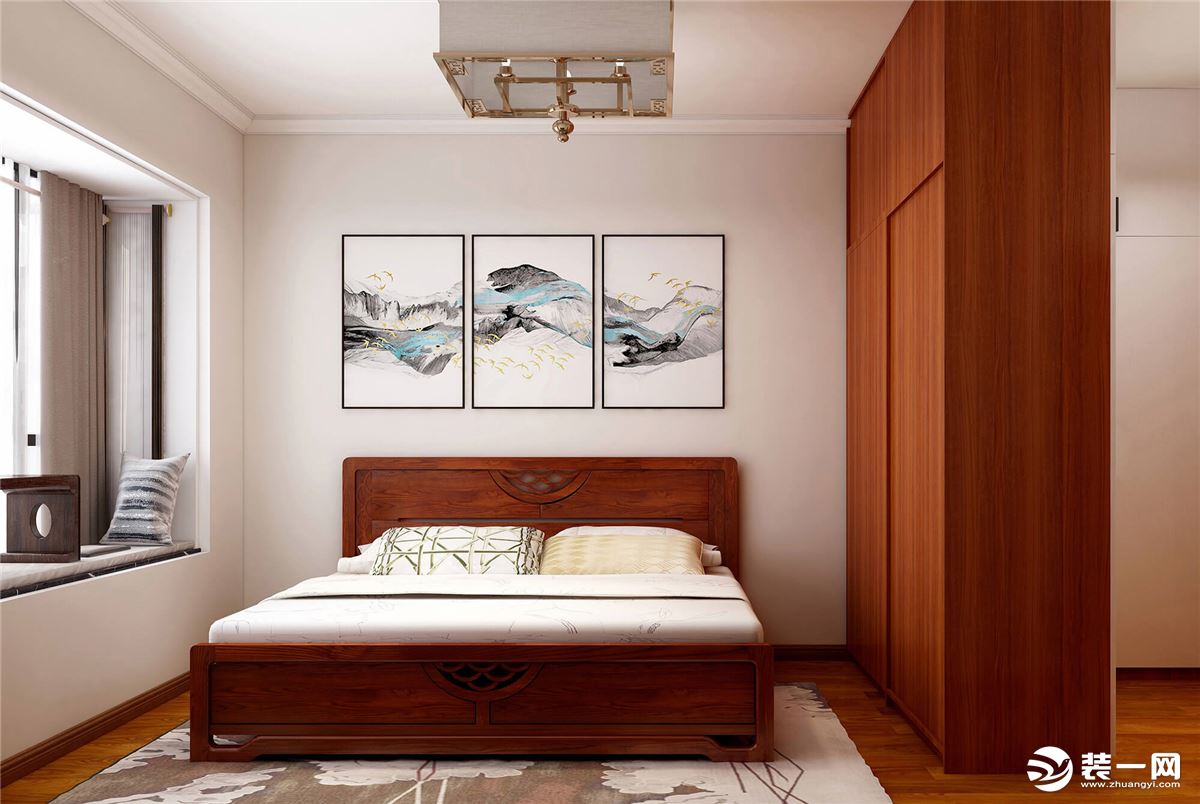 深木色的床、衣柜，搭配简约的挂画，让整个空间简洁又富有韵味。