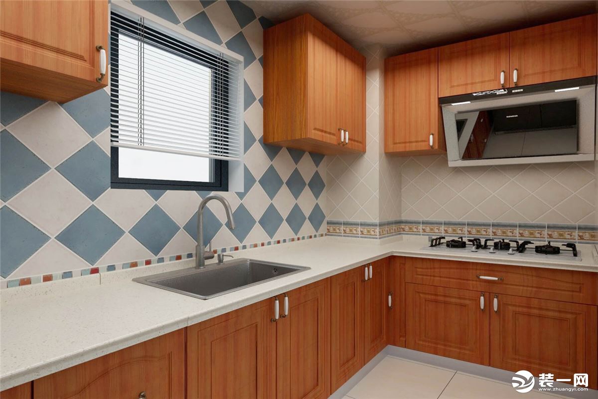 厨房以白色为主色调，棕色的吊柜与橱柜，不仅可以提供日常收纳，还大大提升了空间的美感。
