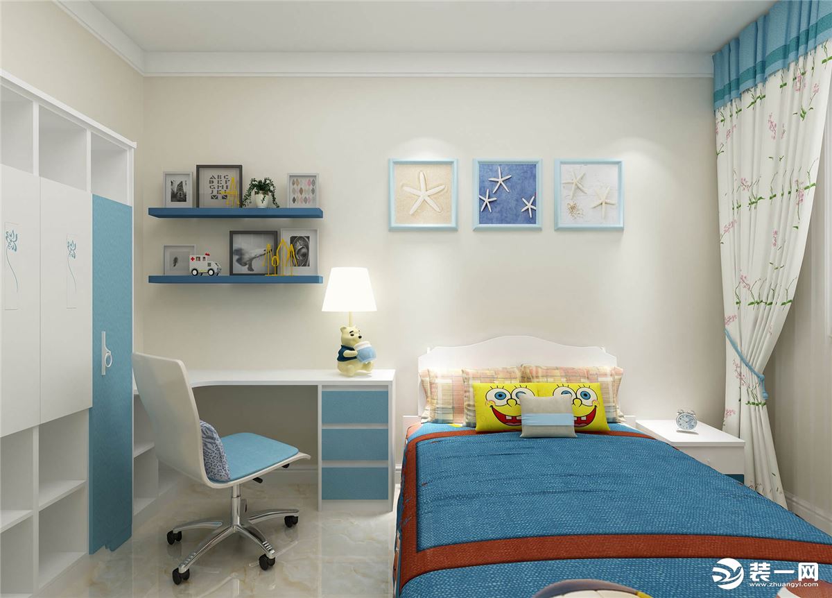 清新海洋气息蓝色背景墙卧室室内装修效果图图片素材-编号29332662-图行天下