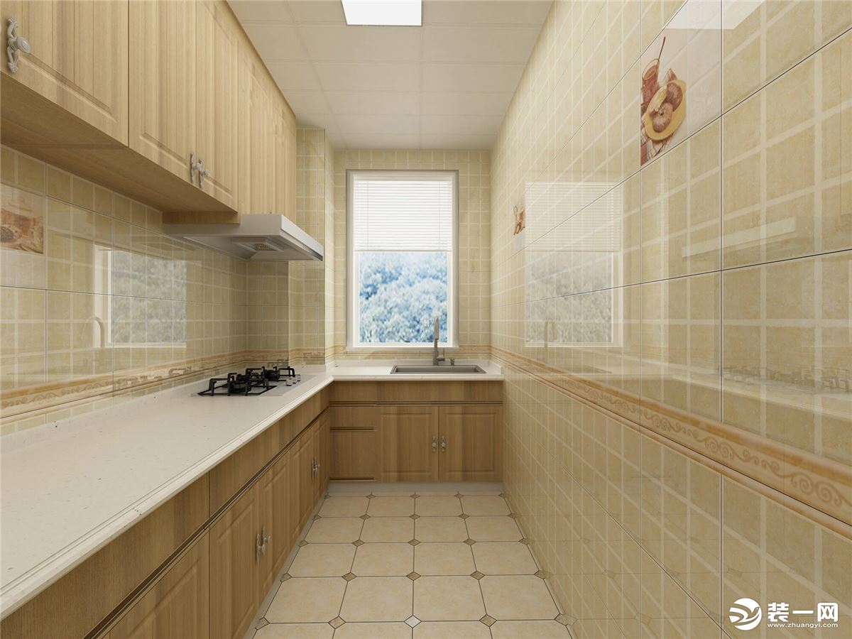 厨房以浅黄色为主，浅黄色的方砖作为铺设，有一丝优雅却不失复古的质感。