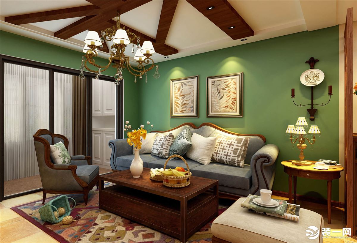 鲜明的色彩，浓郁的饱和度充满客厅这个空间，自然又富有质感。