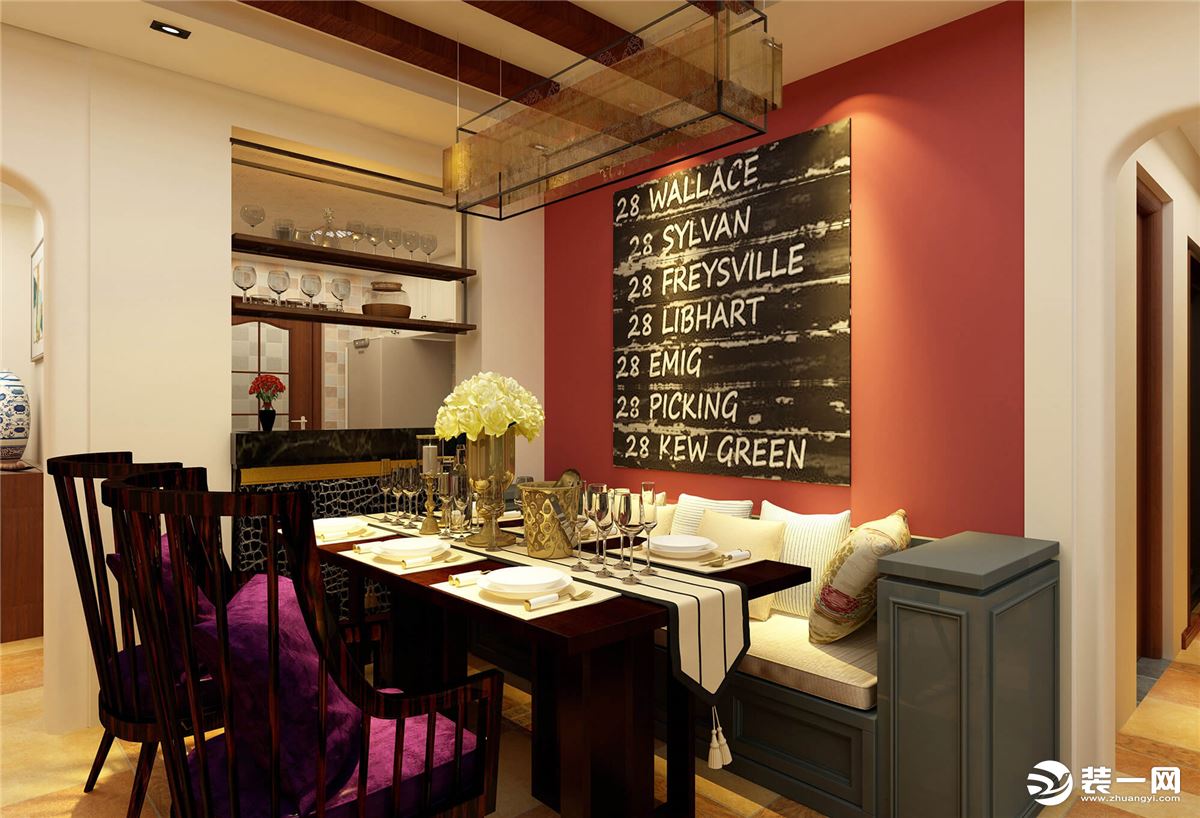 暗红色的背景墙，搭配精致的餐具餐椅，营造一个温馨与充满爱的空间。