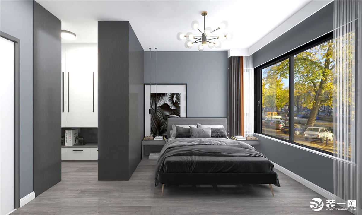 卧室主色调以灰白为主，简约又不乏层次感，时尚灯饰、窗帘的点缀，打造一个现代时尚的高端空间。