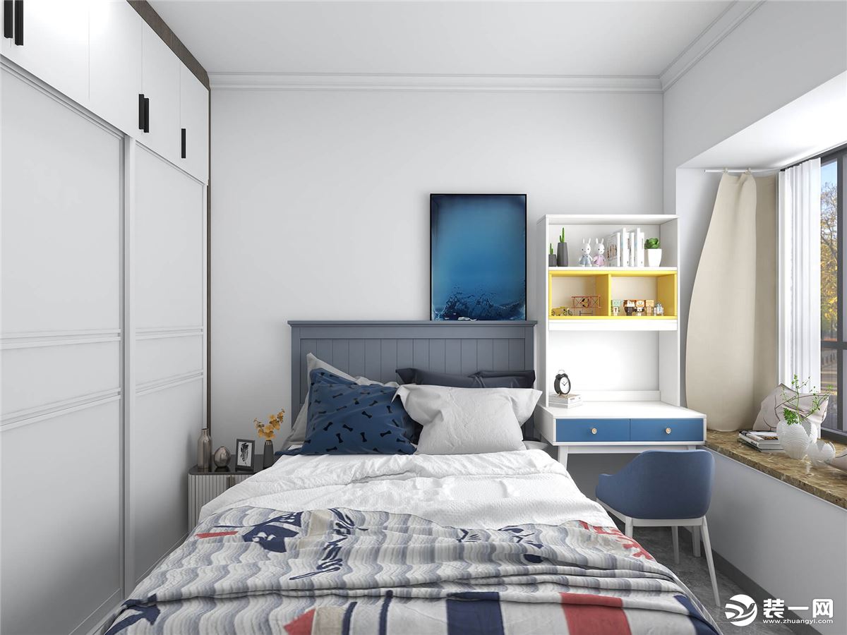 儿童房以白色为主，再以蓝色调为点缀，为儿童打造一个轻松舒适的居住环境。