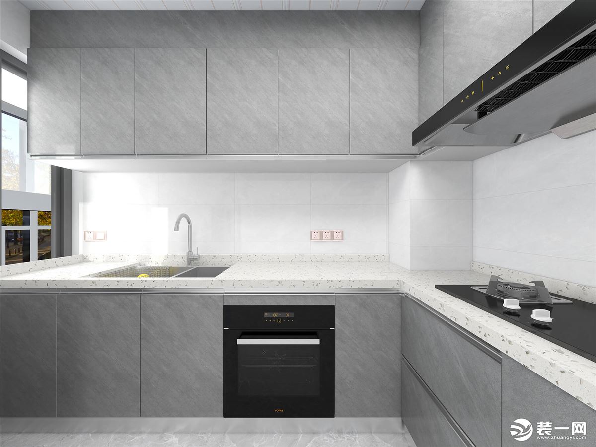 厨房整体以浅灰色为主，再以白色作为点缀，整体简单又大气。
