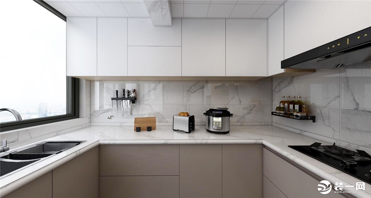 厨房以浅灰色为主，吊柜的设计，让空间收纳力更强。