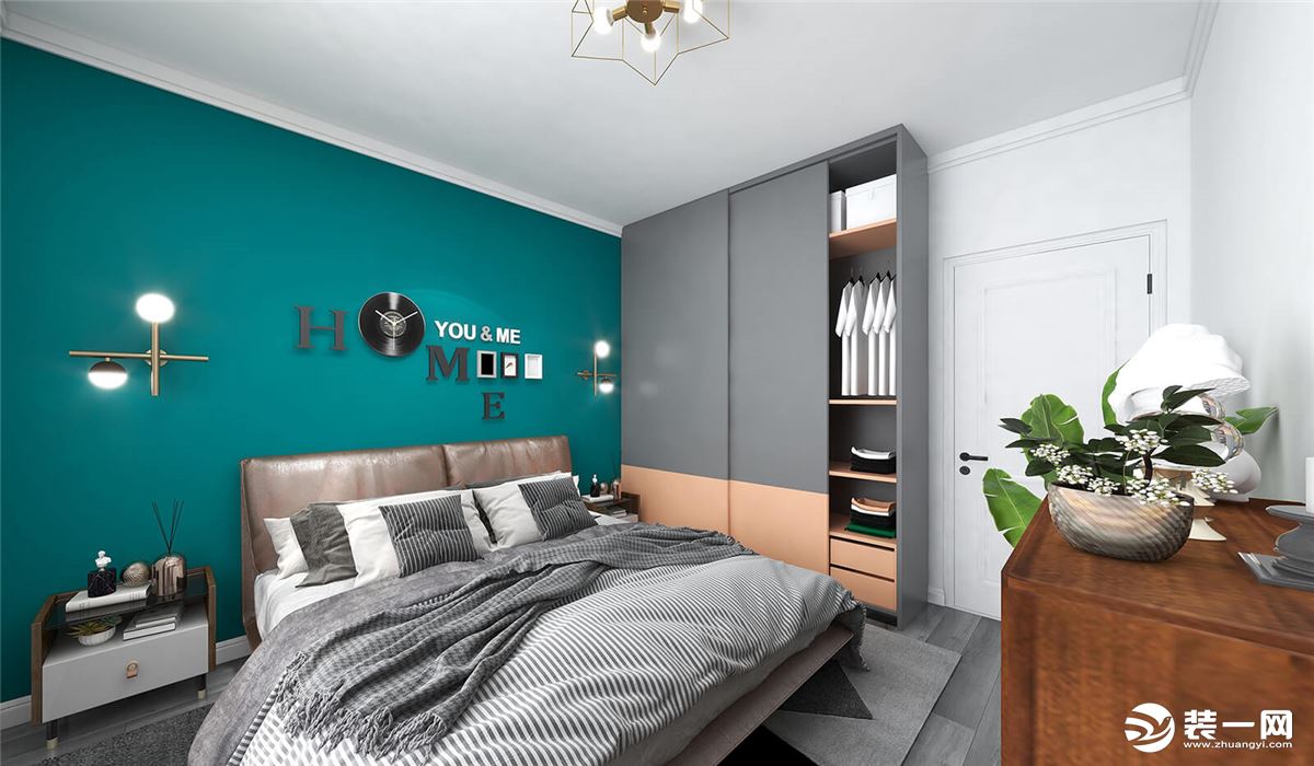臥室的背景墻以藍色為主，搭配灰色床單與白色的墻頂，層次感十足。