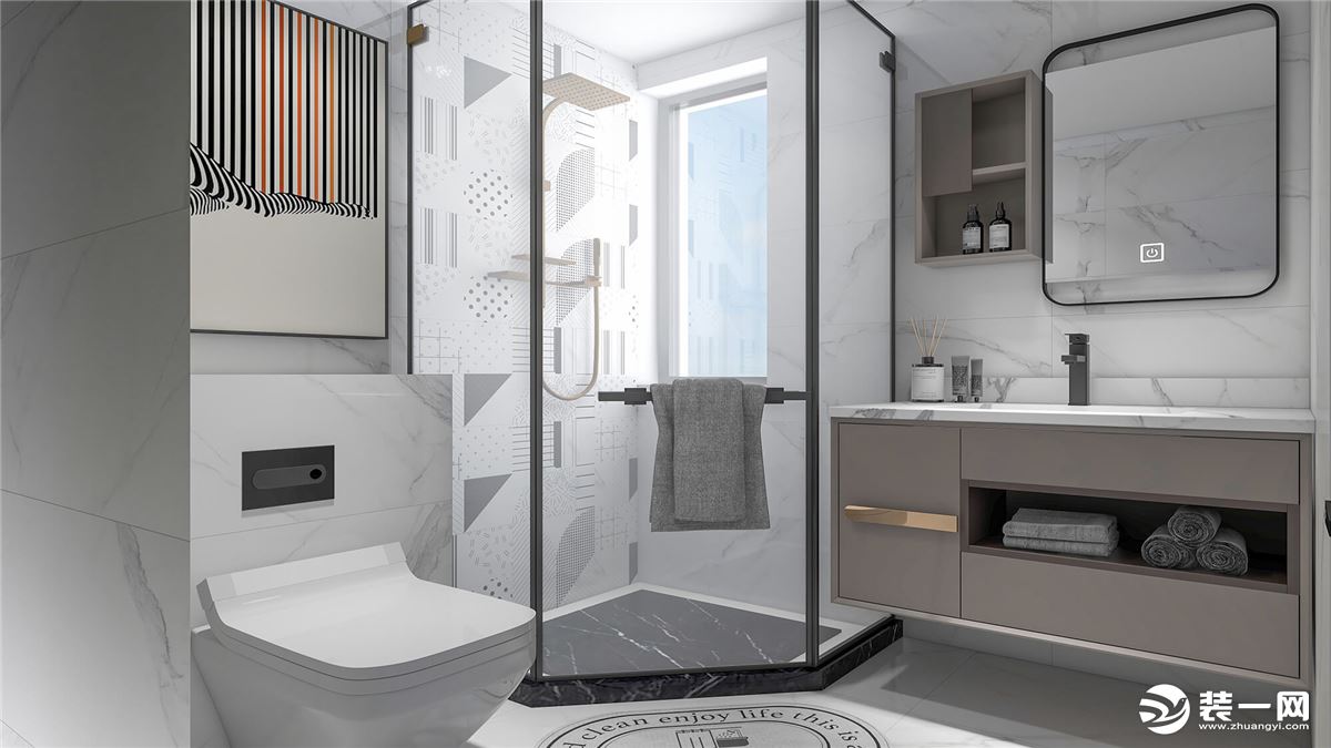 白色的瓷砖搭配灰色的洗漱台收纳柜，低调而内敛，营造整个空间简洁干净的氛围。