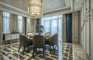 合景天汇广场中式风格案例-客厅效果图。细致的地板波导线，让客厅空间更有层次。灰色的桌椅、精致的餐具，