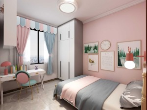 儿童房以粉色为主，清新自然的挂画、粉蓝相间的窗帘，让空间色彩更为丰富。将桌椅放置在窗边，既能保证充足