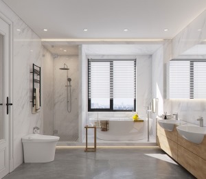 浴缸设计设置在窗边，窗外的阳光缓缓照进来，能很好的保持卫生间的干爽，墙壁的瓷砖和地板的瓷砖颜色为邻近
